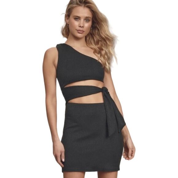 Lulu's Never Going Home Black Ribbed One-Shoulder Cutout Bodycon Dress Sz M - Picture 2 of 6